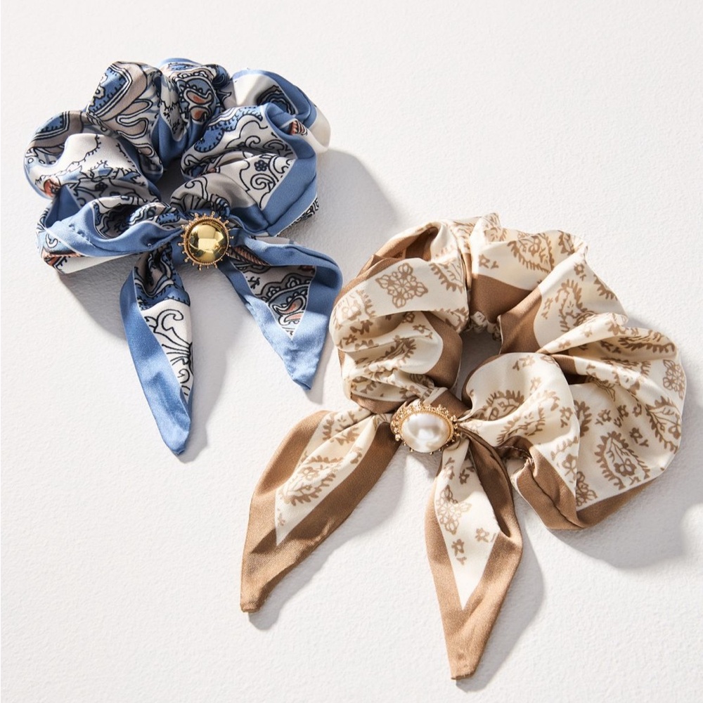 Anthropologie Blue and Brown Patterned Hair Scrunchies